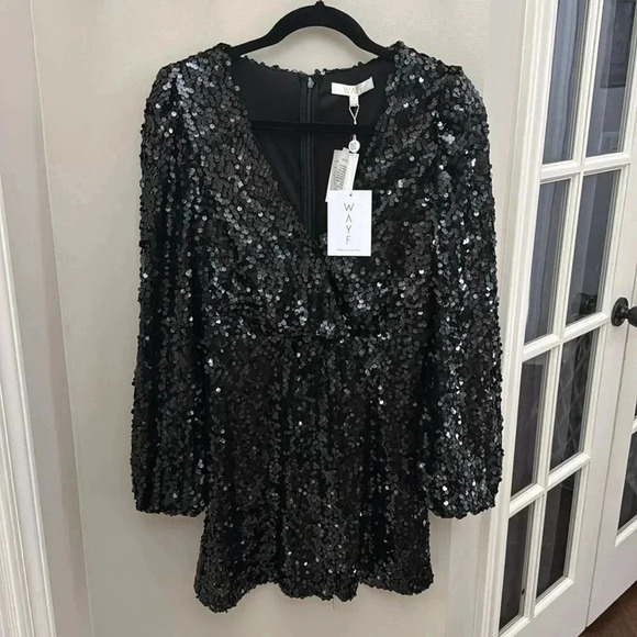 NEW WAYF Black CARRIE Balloon Long Sleeve Sequin Cocktail Mini Dress - Picture 5 of 13